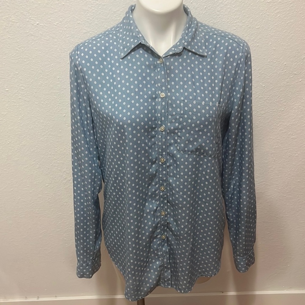 Loft Blue Denim Polka Dot Tunic Button Down Shirt Sz S